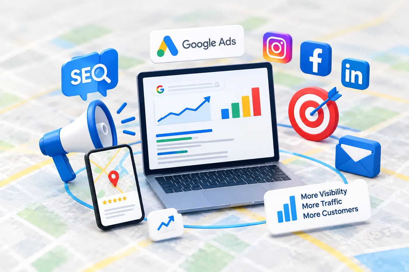 Digital marketing channels around a laptop with search rankings: SEO, Google Maps reviews, social media, email, and more visibility, traffic and customers