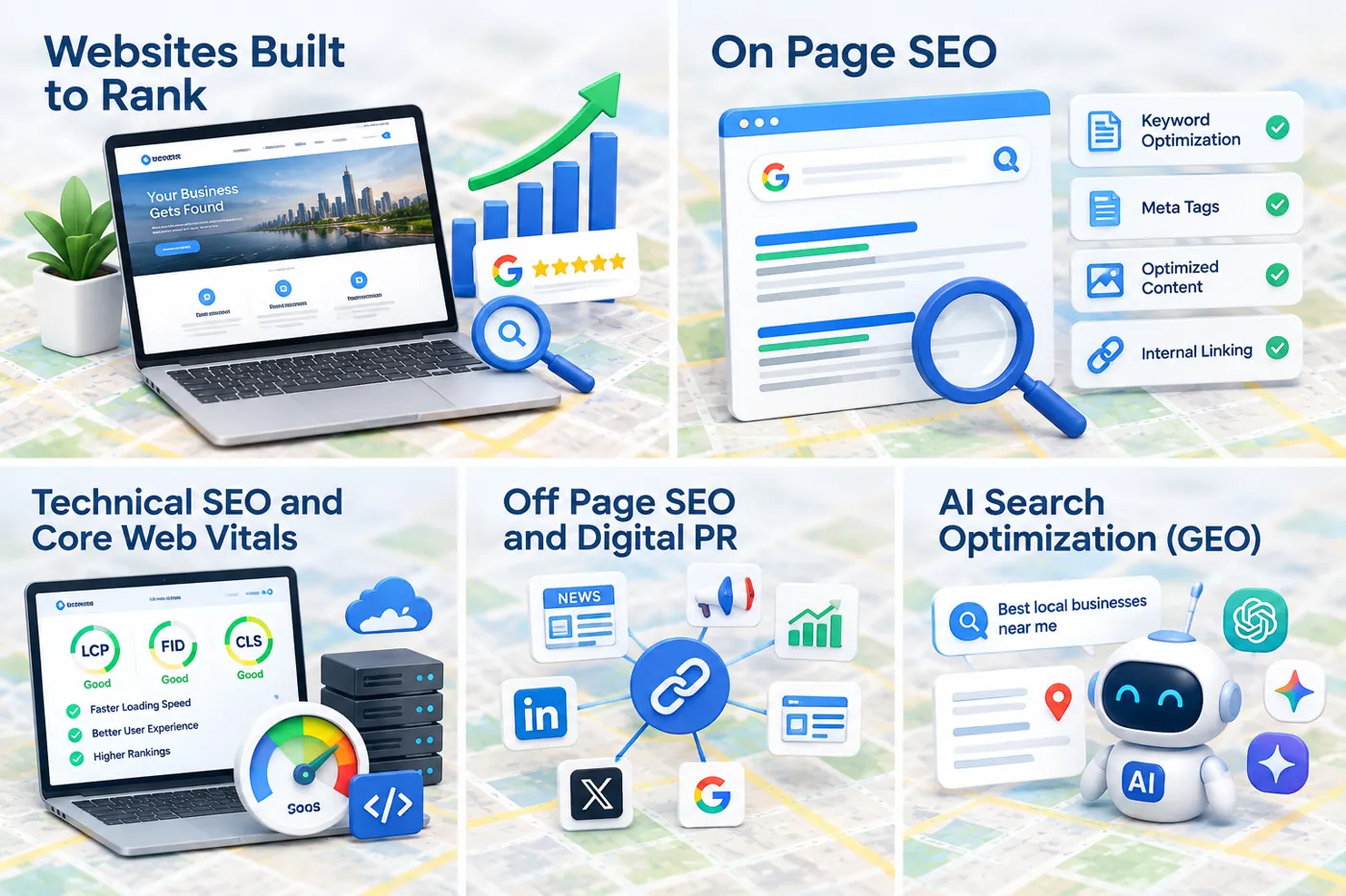 Our services: websites built to rank, on page SEO, technical SEO and Core Web Vitals, off page SEO and digital PR, and AI search optimization (GEO)