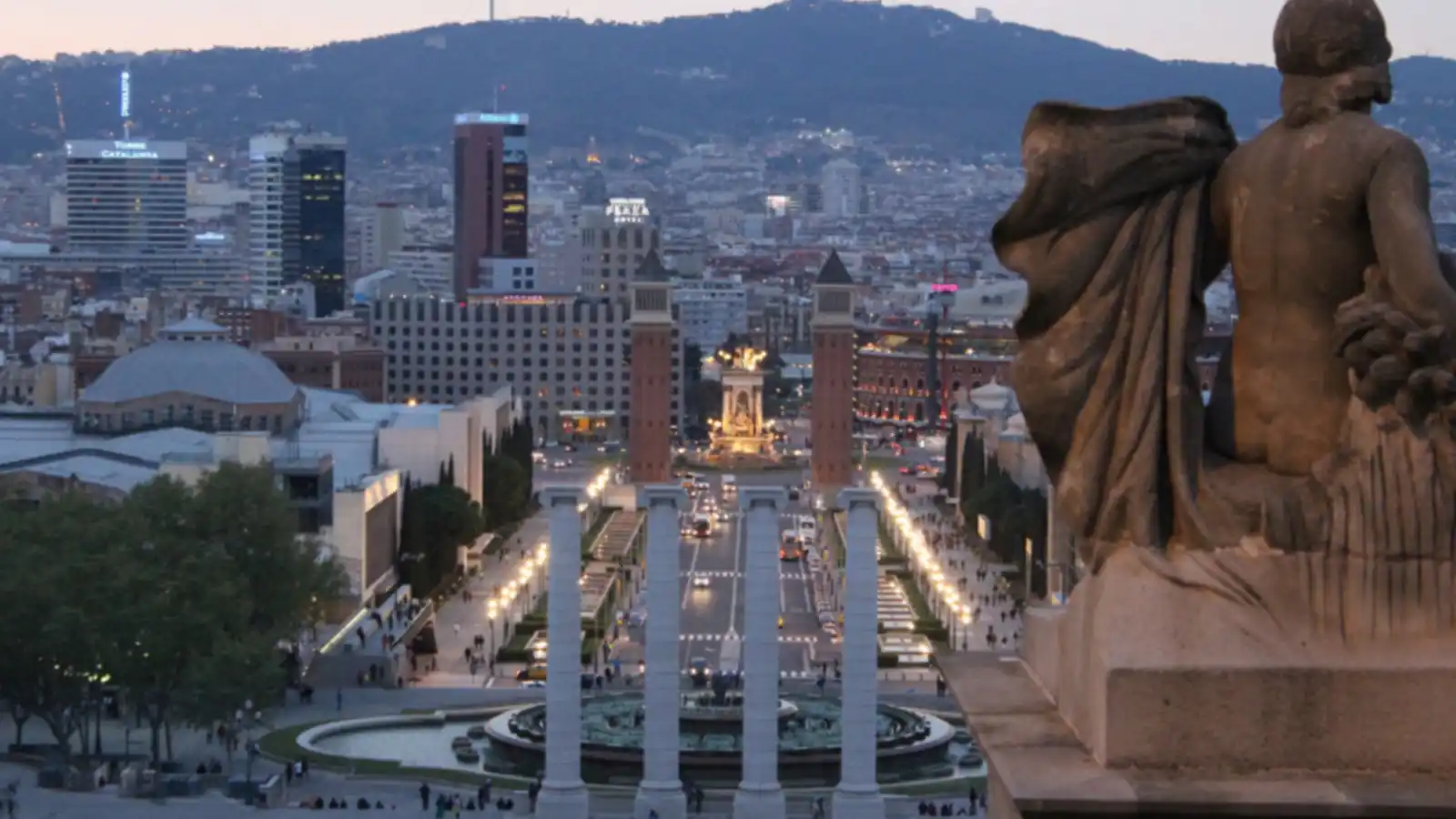 Evening view of Barcelona from Montjuïc over Plaça d'Espanya and the Venetian Towers