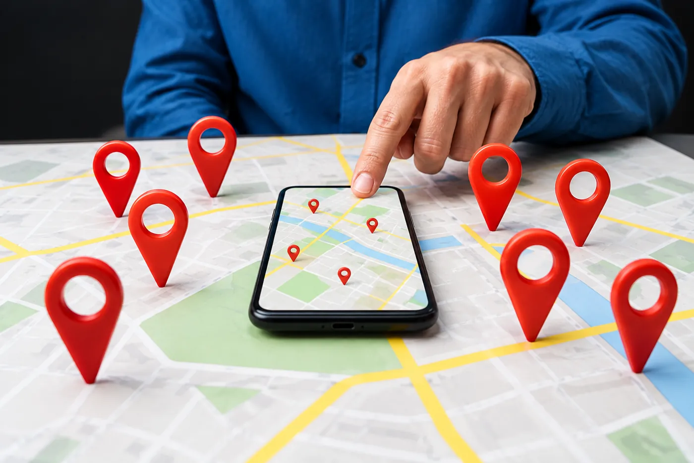 Business owner managing several locations on a Google Maps style city map with multiple location pins and a smartphone