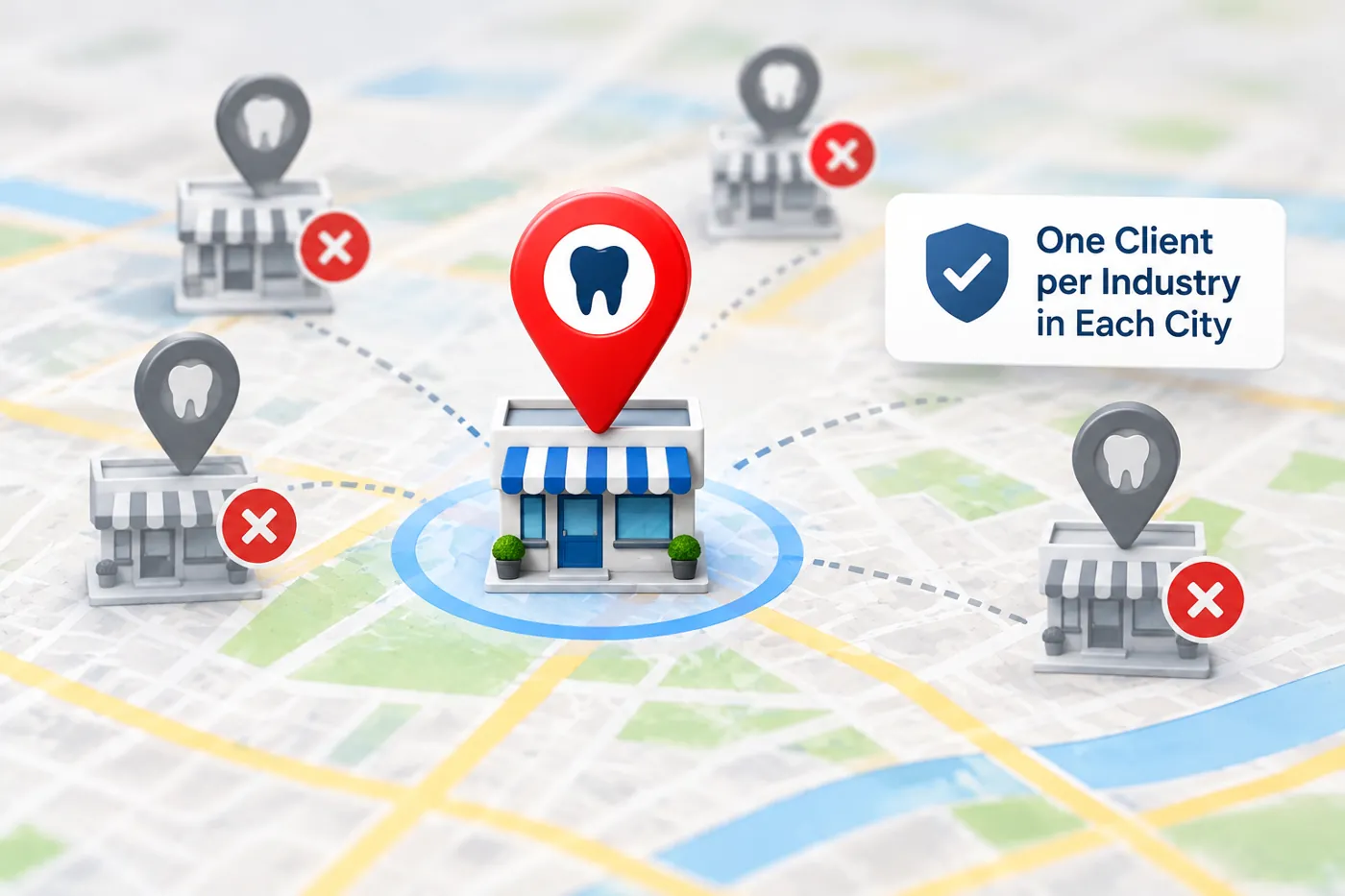 One client per industry in each city: a single highlighted dental clinic on a city map while competing dental clinics nearby are crossed out
