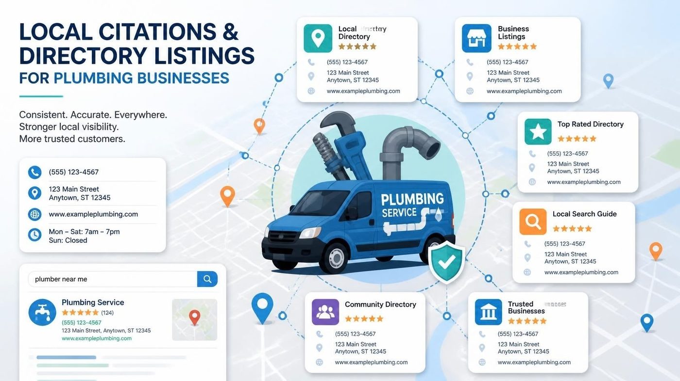 Illustration of a plumbing company van surrounded by local directory and citation listing cards representing consistent business information across the web