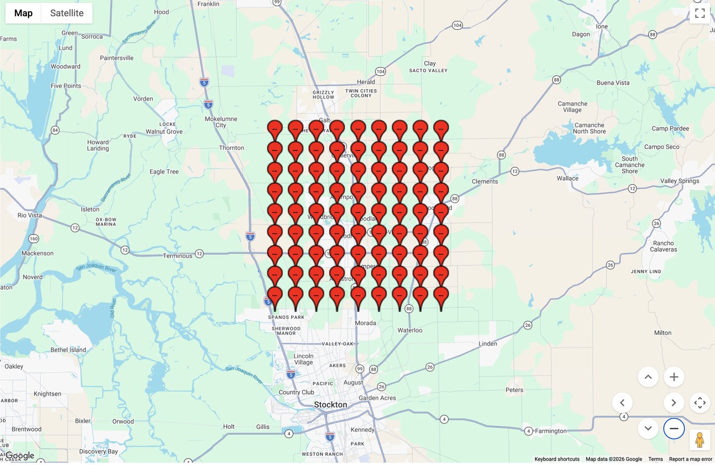 Geo grid ranking report before optimization, showing a Google Business Profile unranked at every one of 81 grid points