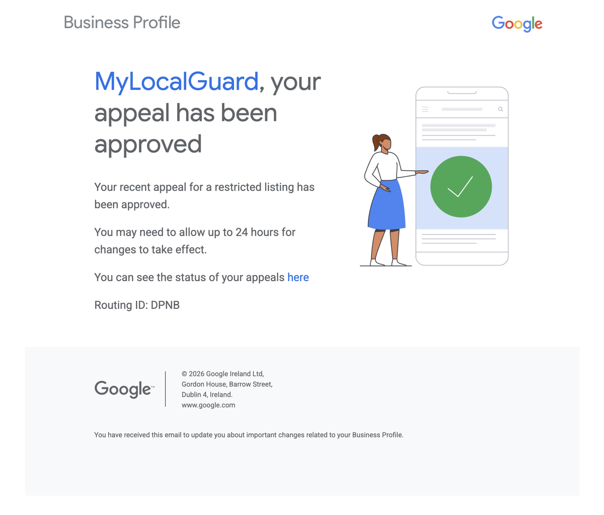 Screenshot of a Google Business Profile email reading your appeal has been approved, your recent appeal for a restricted listing has been approved, allow up to 24 hours for changes to take effect