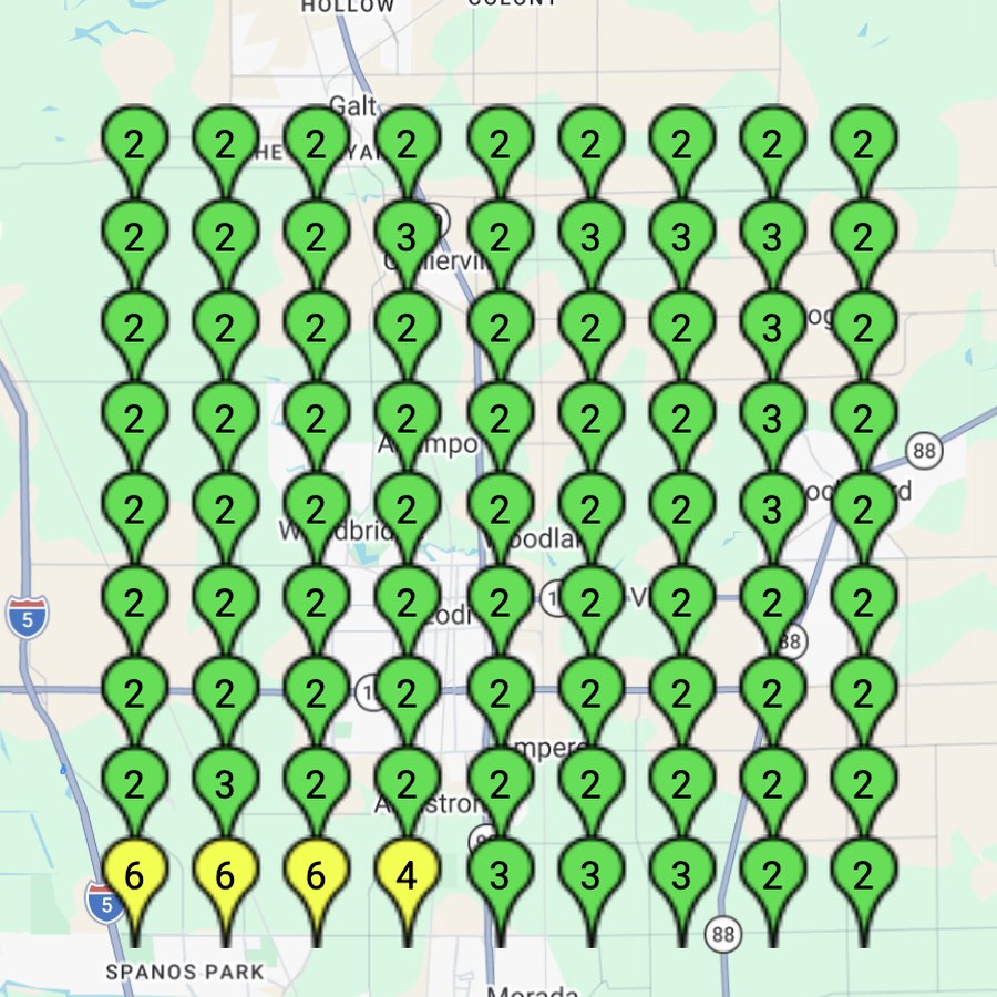 Geo grid report two months later showing the same business ranking mostly in positions 2 and 3 across the grid