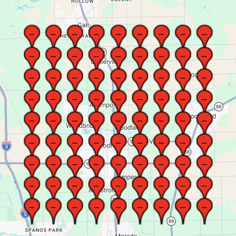 Geo grid report before optimization showing the business not ranking in the top 20 at any of 81 points