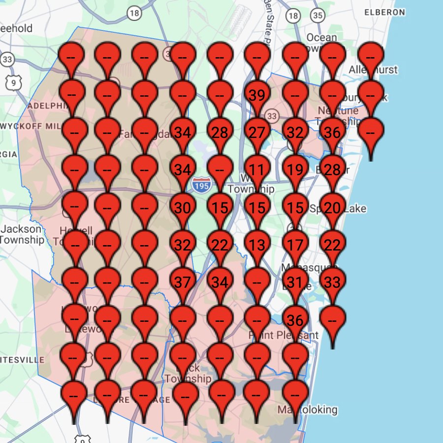 Geo grid report before optimization showing the business mostly not ranking in the top 20 across its service area