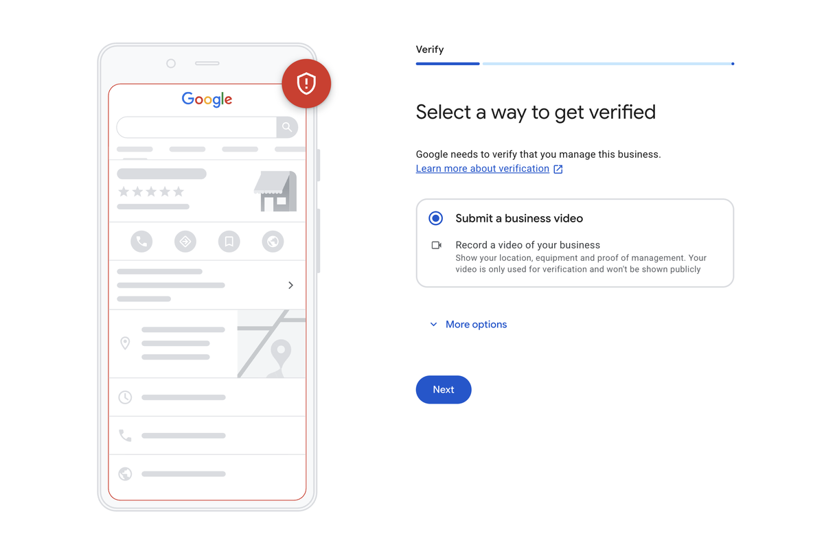 Screenshot of the Google Business Profile verification screen titled Select a way to get verified, with Submit a business video selected as the verification method